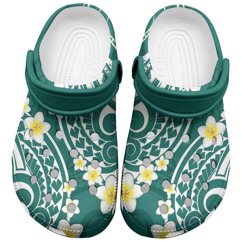 Plumeria With Teal Polynesian Tattoo Pattern Clogs Shoes - Polynesian Pride