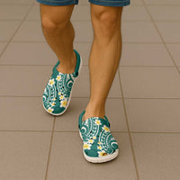 Plumeria With Teal Polynesian Tattoo Pattern Clogs Shoes - Polynesian Pride