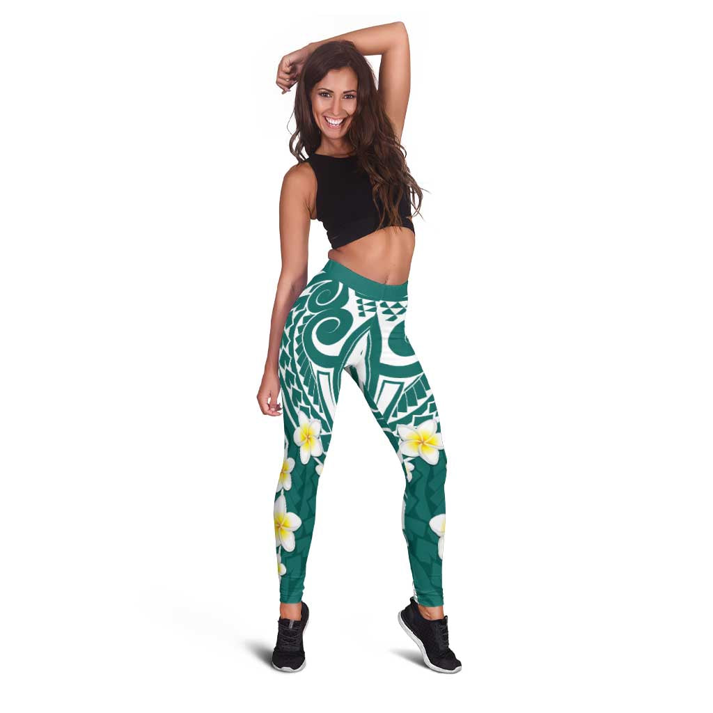 Plumeria With Teal Polynesian Tattoo Pattern Leggings - Polynesian Pride