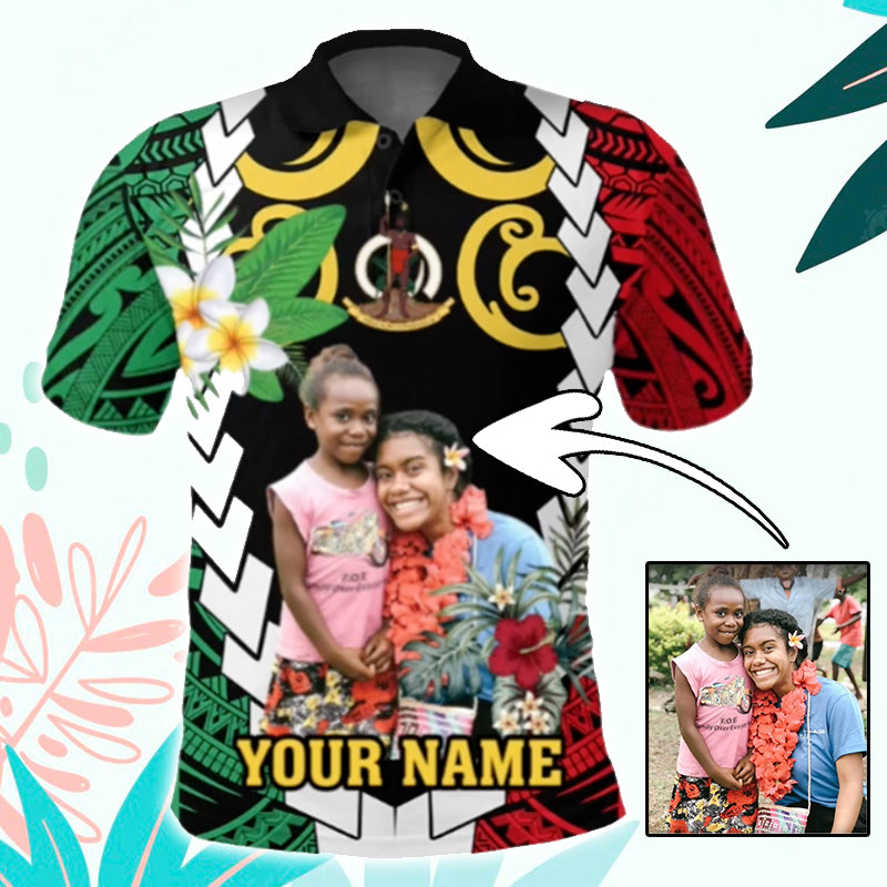 Custom Photo Vanuatu Polo Shirt Flower With Coat of Arms CTM Black - Polynesian Pride