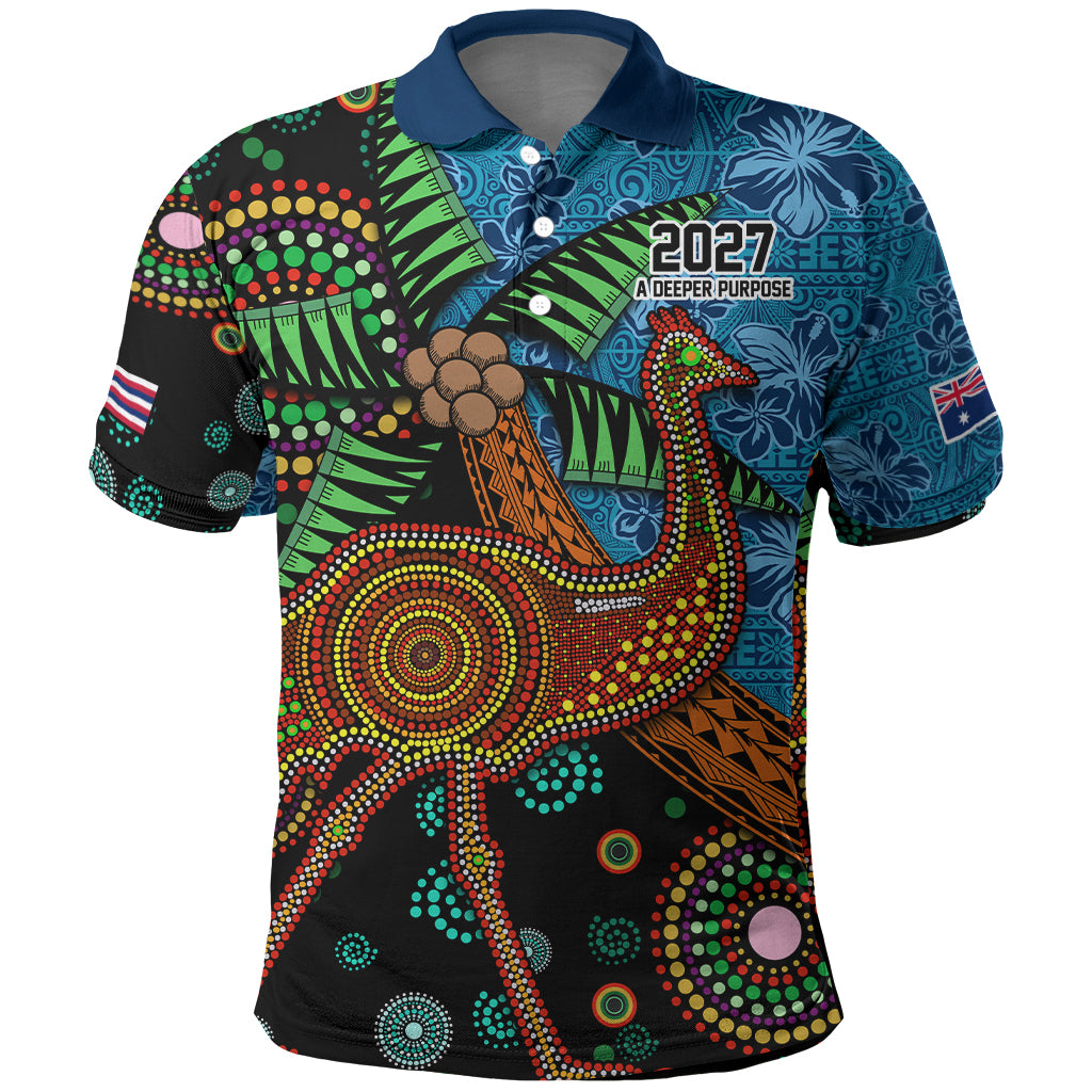 2027 Fiji and Australia with Hawaii Flag Polo Shirt Palm Tree and Abogirinal Emu LT03