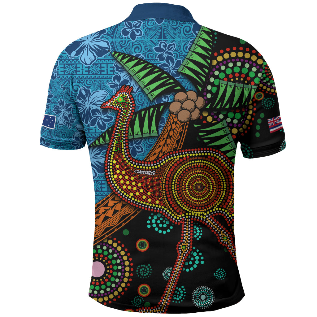 2027 Fiji and Australia with Hawaii Flag Polo Shirt Palm Tree and Abogirinal Emu LT03