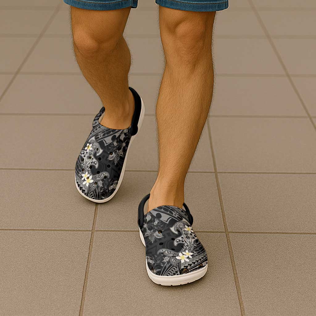 Polynesia Hammerhead Shark Clogs Shoes Tropical Flowers Tribal Pattern Black - Polynesian Pride