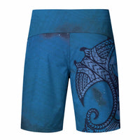 Polynesia Manta Ray Tattoo Board Shorts Tropical Plumeria Blue Polynesian Pattern LT14 - Polynesian Pride