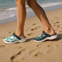 Polynesia Romantic Valentine Clogs Shoes Sea Turtle Couple With Aqua Gradient Plumeria