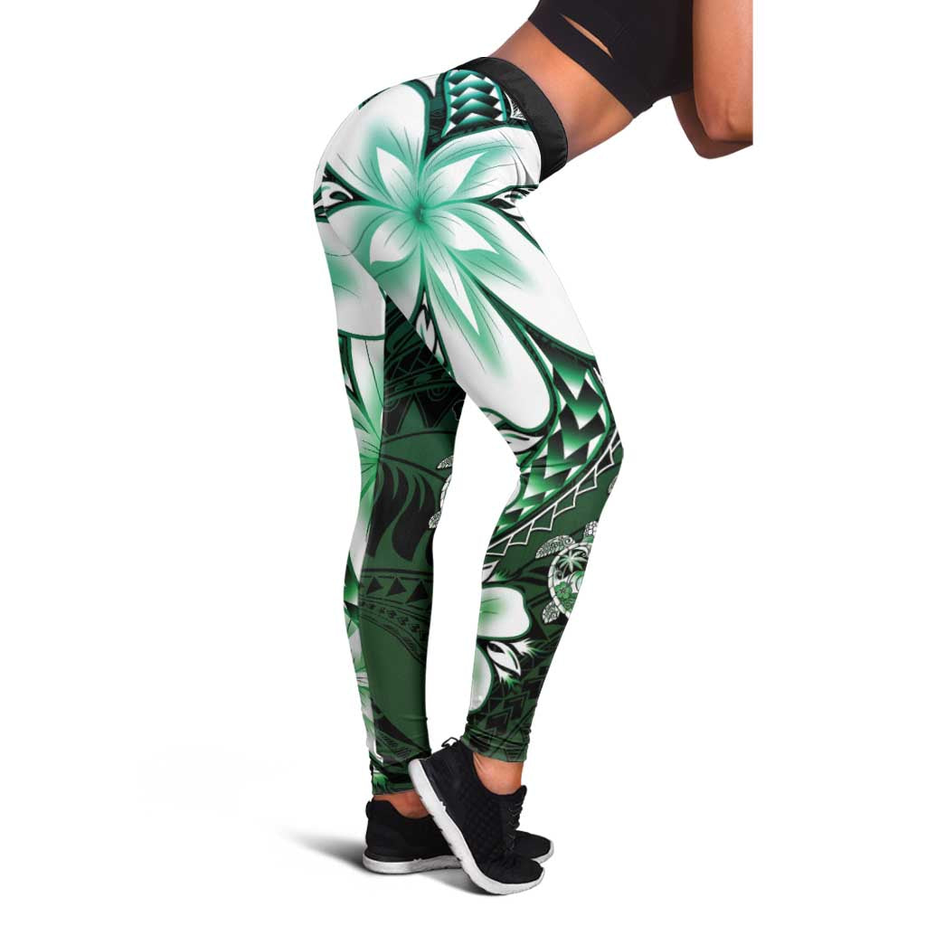 Polynesia Romantic Valentine Leggings Sea Turtle Couple With Aqua Gradient Plumeria