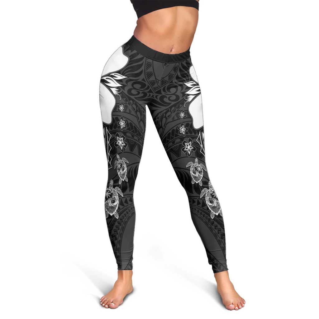 Polynesia Romantic Valentine Leggings Sea Turtle Couple With Black Plumeria