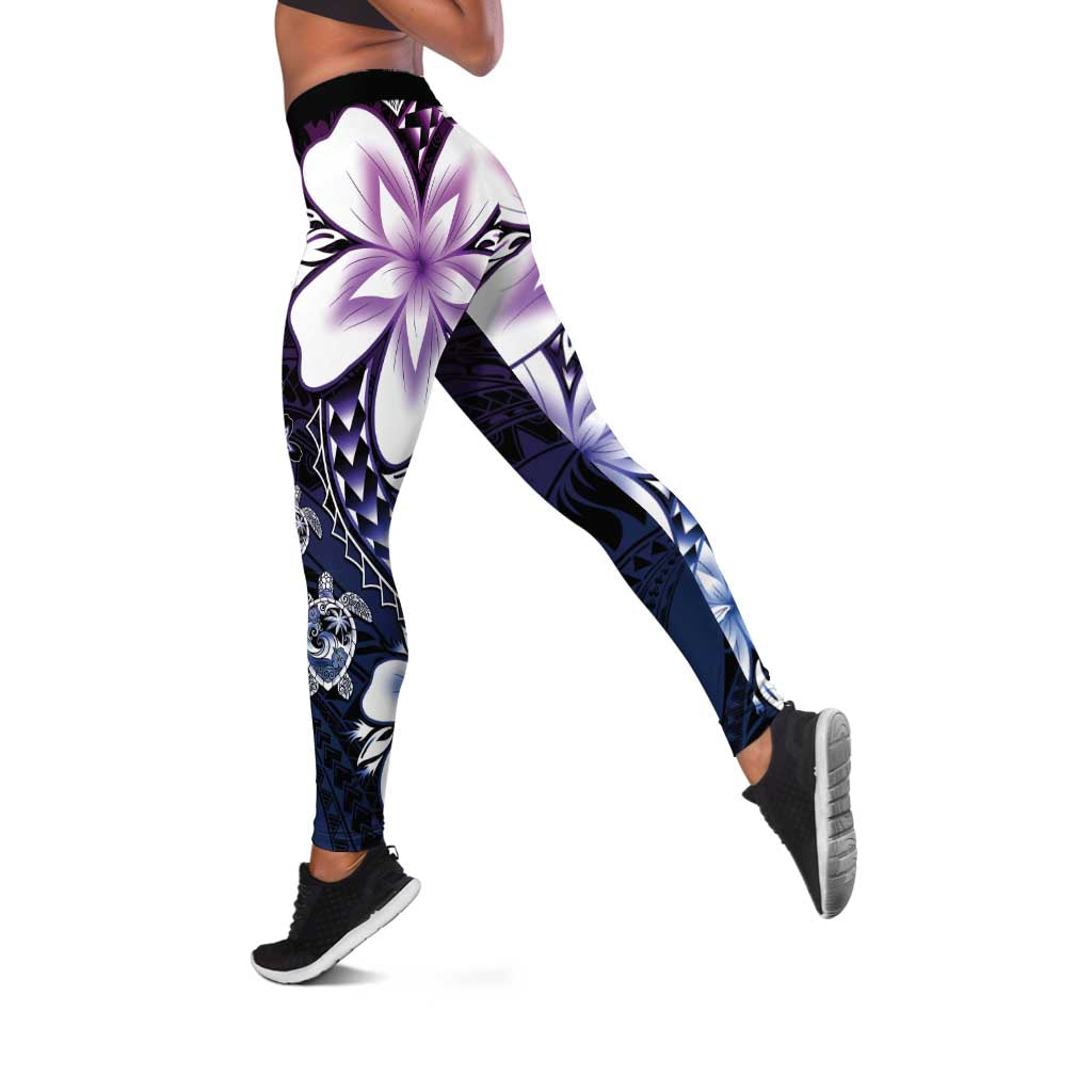 Polynesia Romantic Valentine Leggings Sea Turtle Couple With Purple Gradient Plumeria
