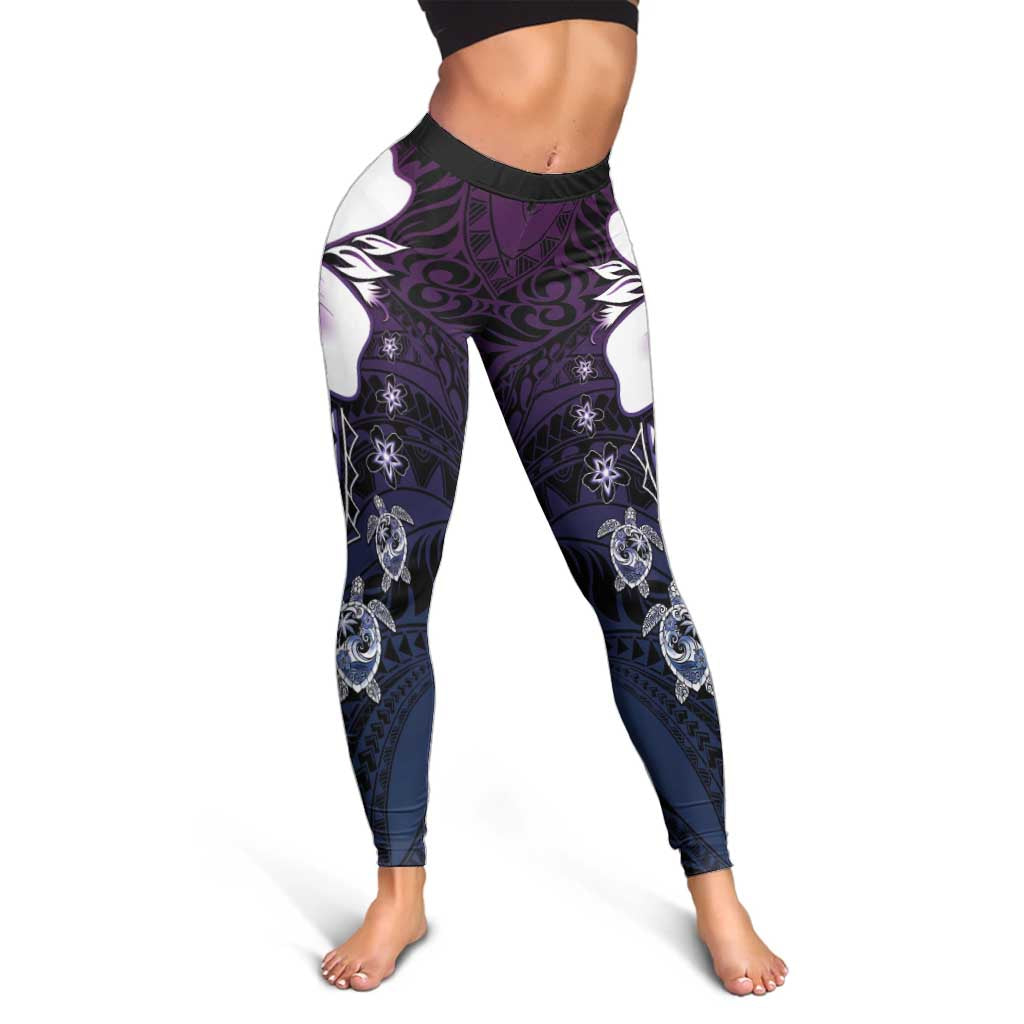 Polynesia Romantic Valentine Leggings Sea Turtle Couple With Purple Gradient Plumeria