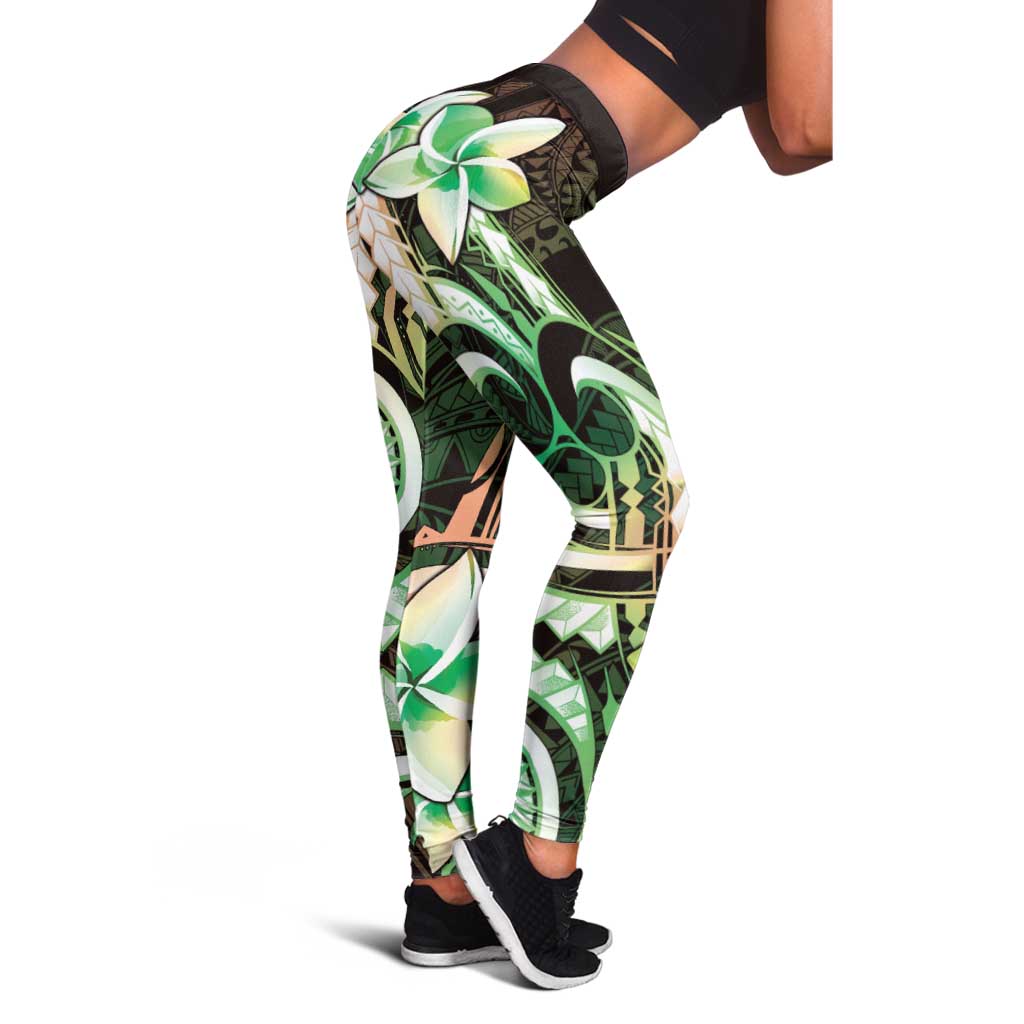 Polynesian Art Tattoo Leggings Plumeria Flowers Green Gradient