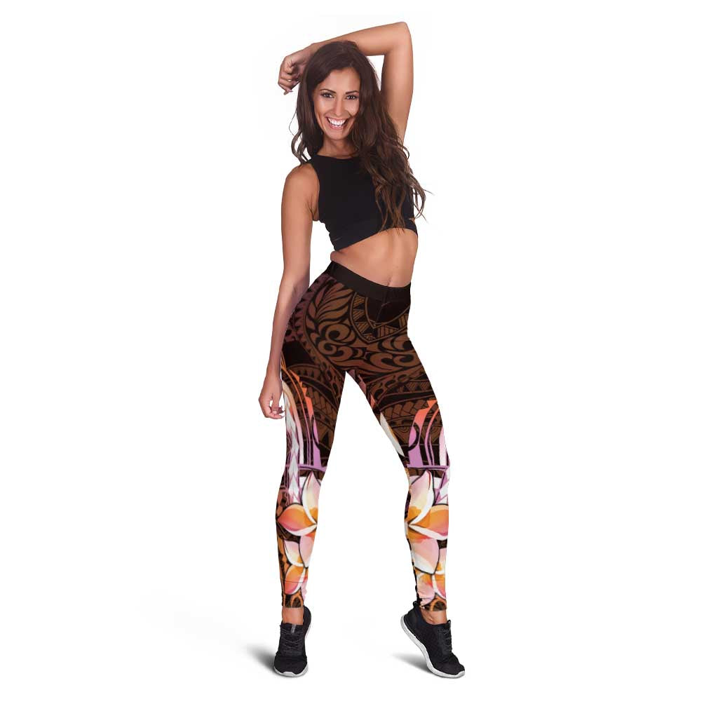 Polynesian Art Tattoo Leggings Plumeria Flowers Peach Gradient