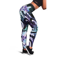 Polynesian Art Tattoo Leggings Plumeria Flowers Turquoise Gradient
