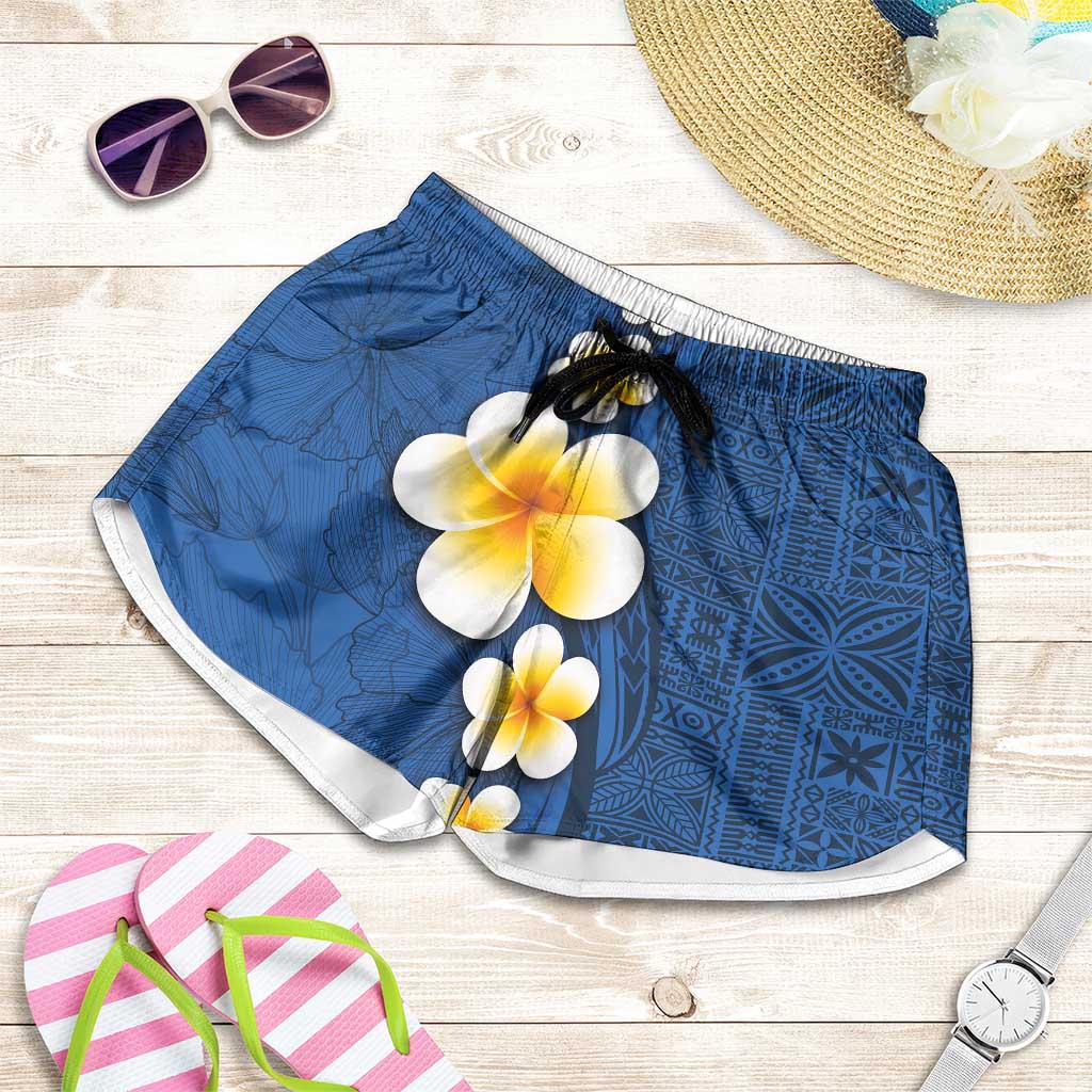 Polynesian Hibiscus and Plumeria Tapa Pattern Shorts for Women Blue Color - Polynesian Pride