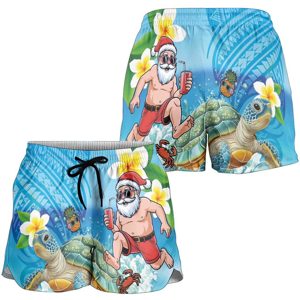 Polynesian Merry Christmas Shorts for Women Funny Santa with Sea Turtle on Beach and Plumeria - Polynesian Pride