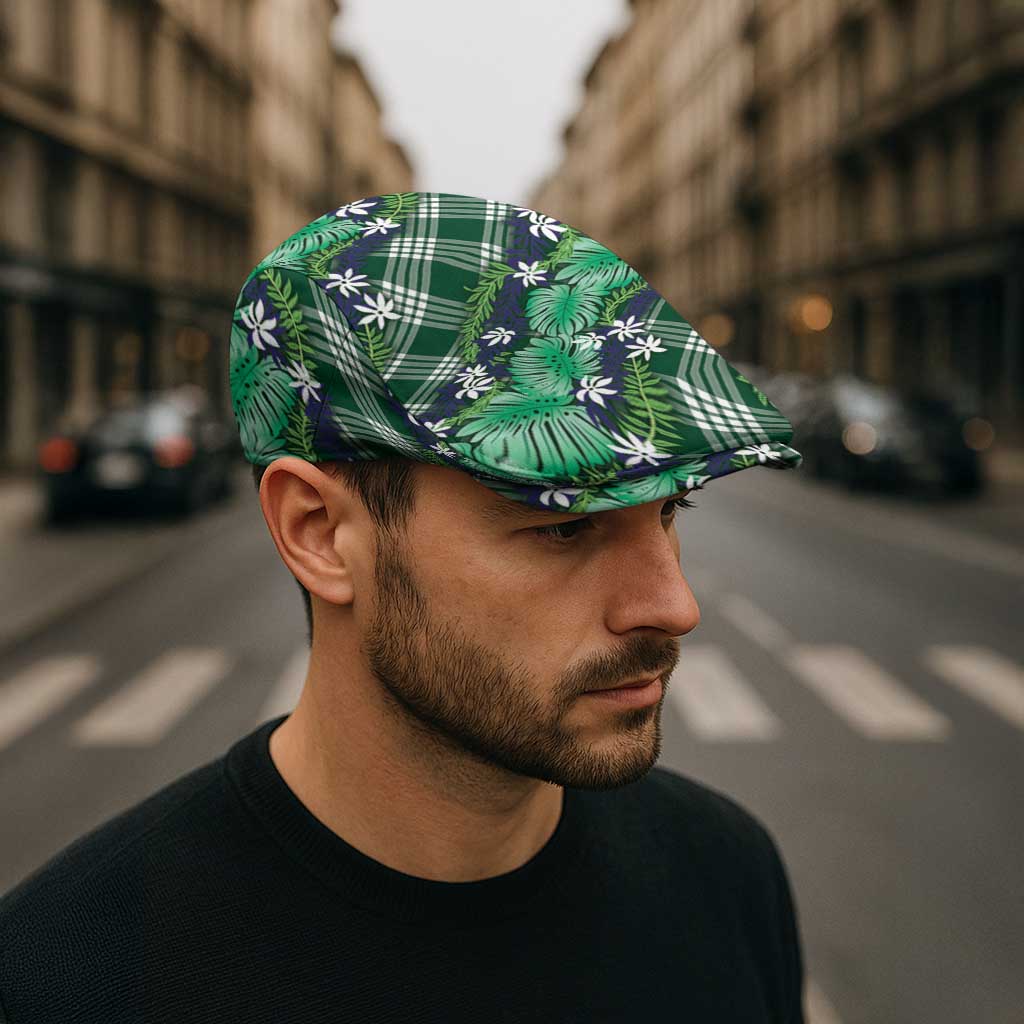 Polynesian Monstera Tiare Floral Jeff Hat Forest Green Tropical Plaid - Polynesian Pride