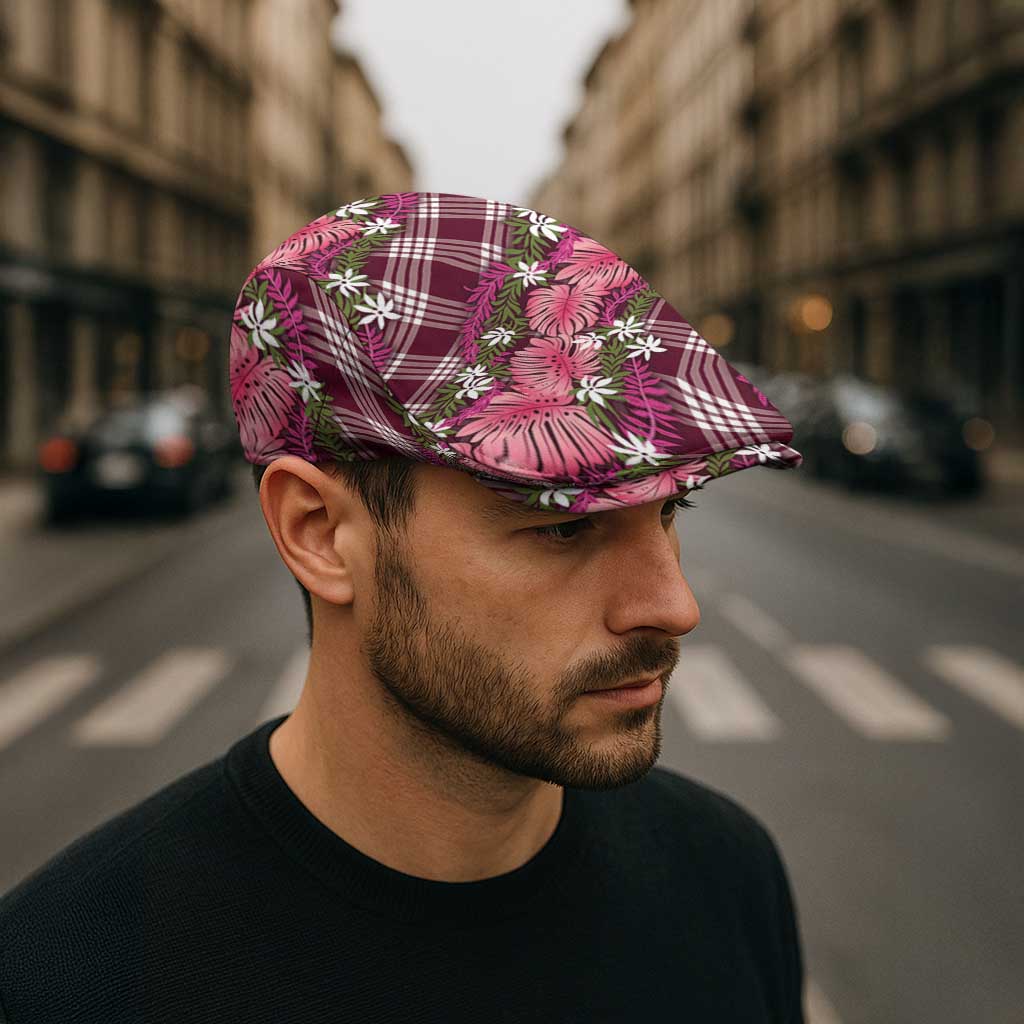 Polynesian Monstera Tiare Floral Jeff Hat Fuchsia Tropical Plaid - Polynesian Pride