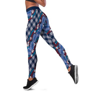 Polynesian Monstera Tiare Floral Leggings Royal Blue Tropical Plaid - Polynesian Pride