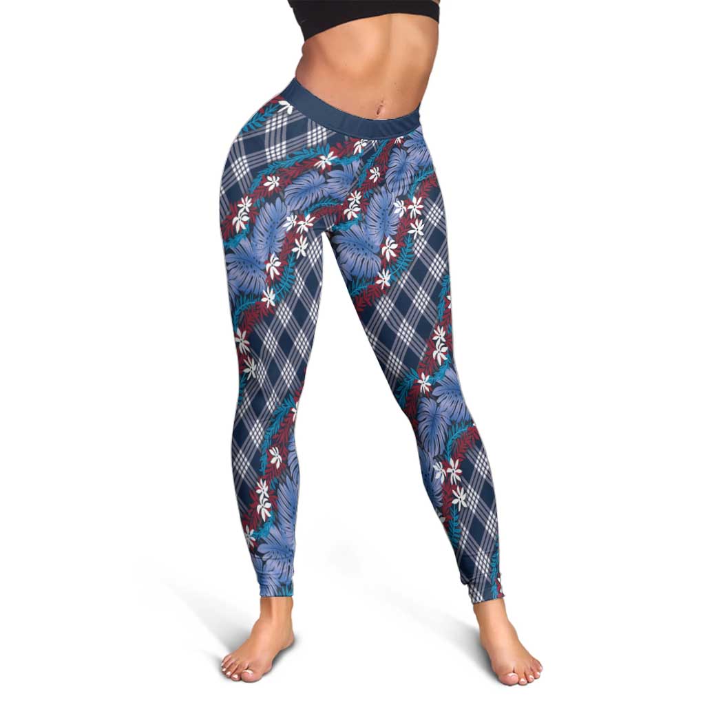 Polynesian Monstera Tiare Floral Leggings Royal Blue Tropical Plaid - Polynesian Pride