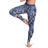 Polynesian Monstera Tiare Floral Leggings Royal Blue Tropical Plaid - Polynesian Pride
