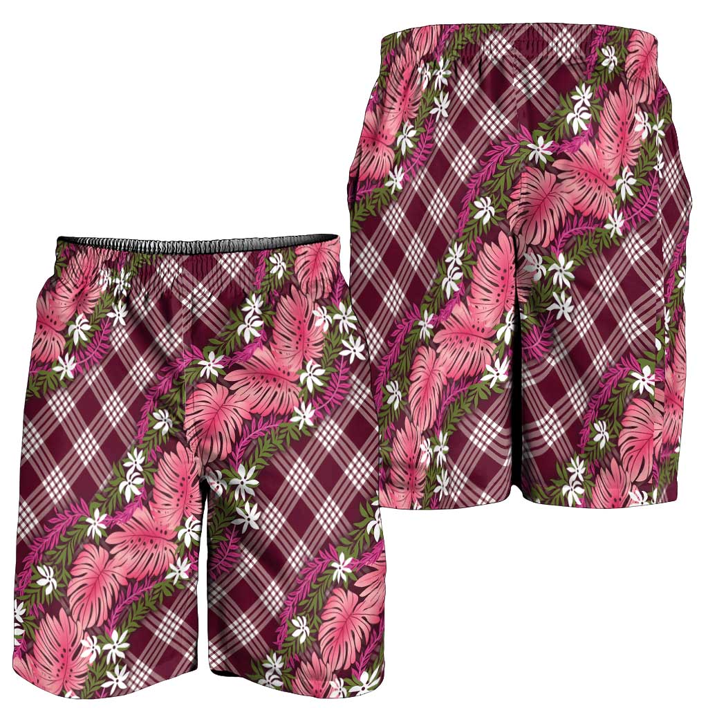Polynesian Monstera Tiare Floral Shorts for Men Fuchsia Tropical Plaid - Polynesian Pride