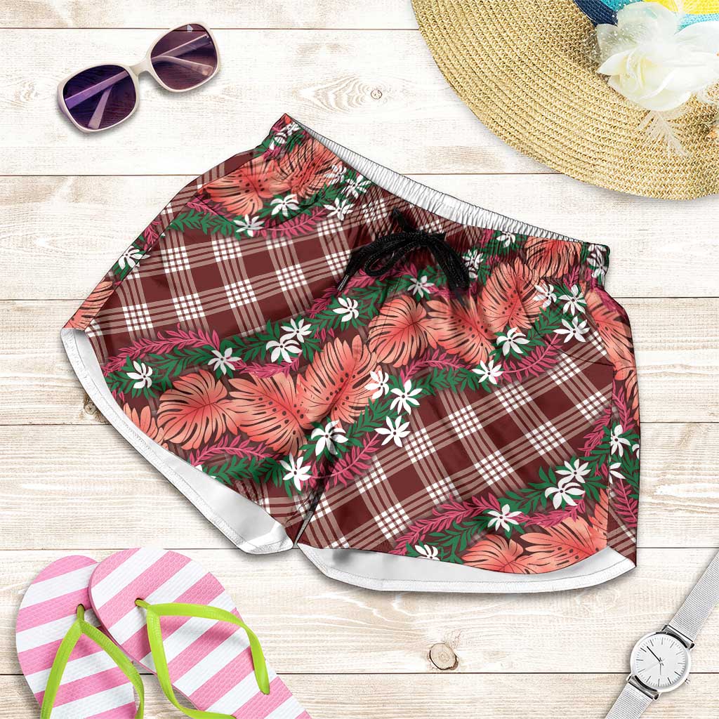 Polynesian Monstera Tiare Floral Shorts for Women Burgundy Tropical Plaid LT01 Red - Polynesian Pride