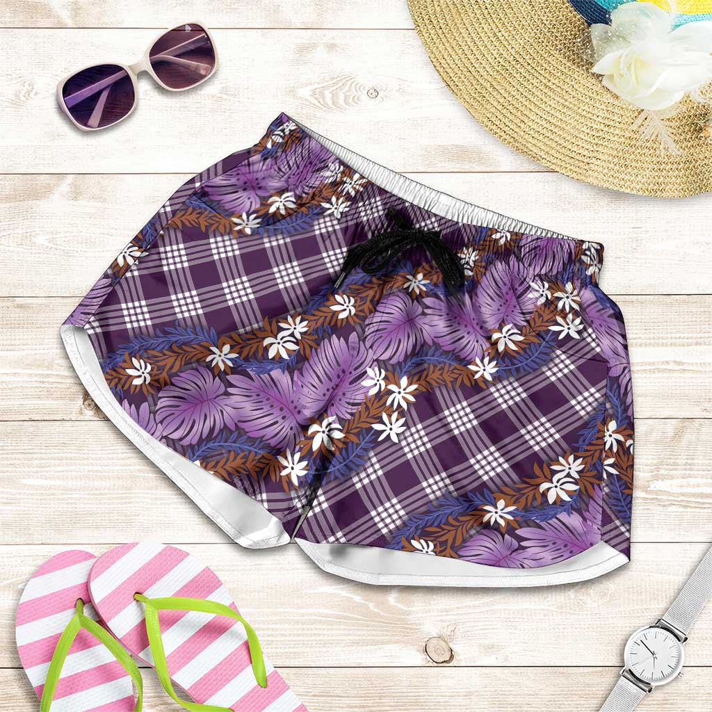 Polynesian Monstera Tiare Floral Shorts for Women Lavender Tropical Plaid LT01 Purple - Polynesian Pride