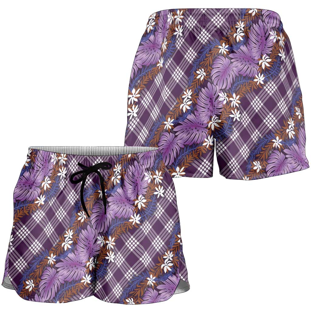Polynesian Monstera Tiare Floral Shorts for Women Lavender Tropical Plaid LT01 - Polynesian Pride
