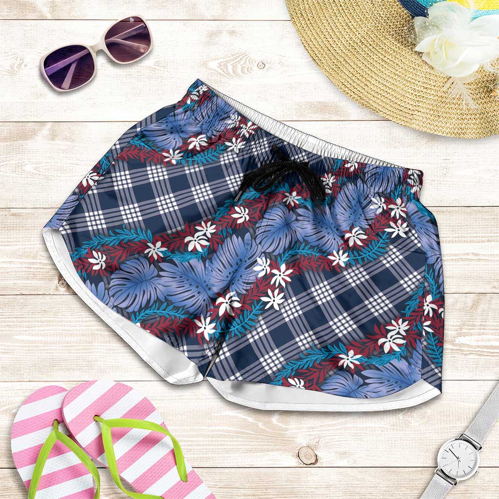 Polynesian Monstera Tiare Floral Shorts for Women Royal Blue Tropical Plaid LT01 Blue - Polynesian Pride