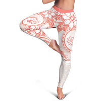 Polynesian Pattern With Plumeria Flowers Leggings Orange Peach - Polynesian Pride