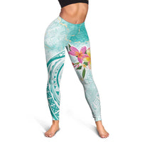 Polynesian Women's Day Wahine Leggings Plumeria Marble Glaze - Teal LT7