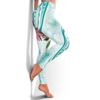 Polynesian Women's Day Wahine Leggings Plumeria Marble Glaze - Teal LT7