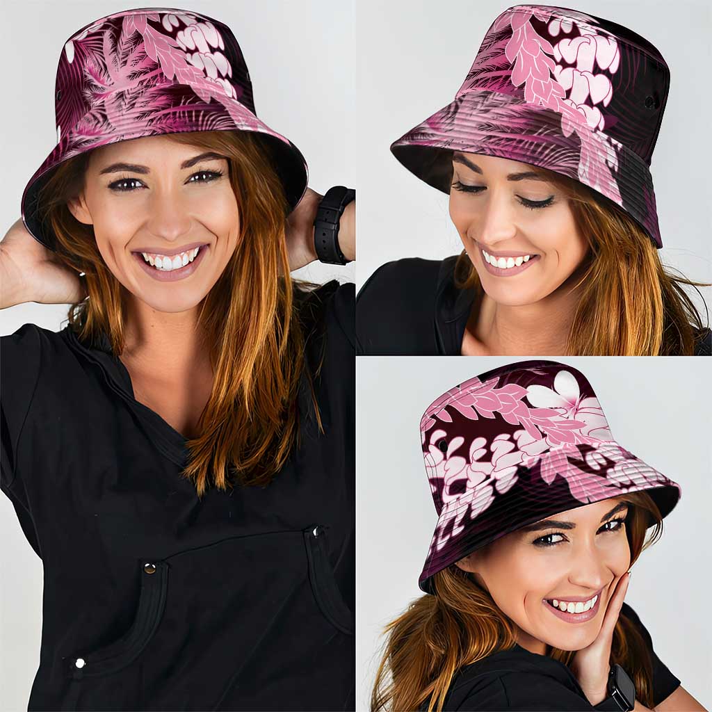 Puakenikeni Maile Lei Bucket Hat Frangipani Pink Tropical Leaves