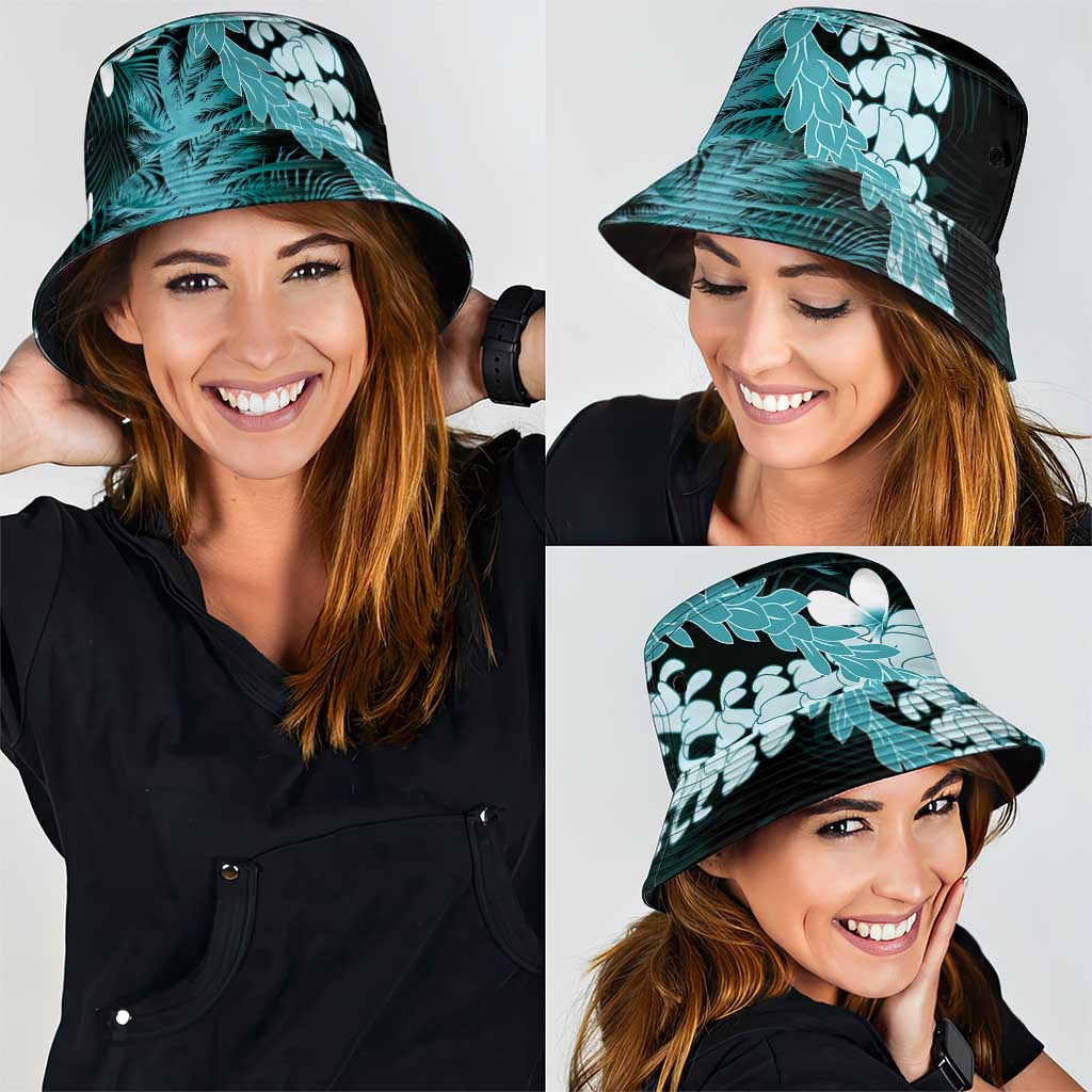 Puakenikeni Maile Lei Bucket Hat Frangipani Turquoise Tropical Leaves