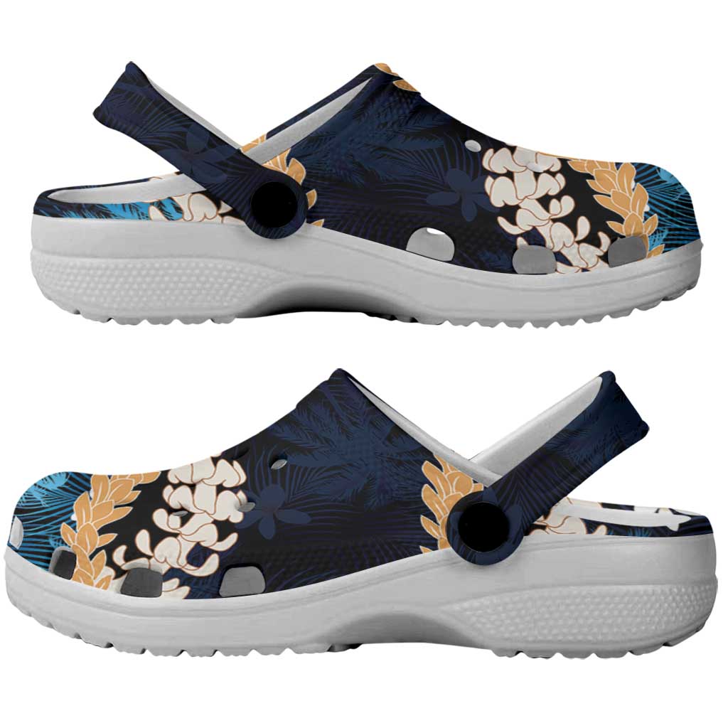 Puakenikeni Maile Lei Clogs Shoes Frangipani Blue Tropical Leaves