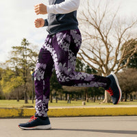 Puakenikeni Maile Lei Jogger Pants Frangipani Purple Tropical Leaves