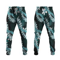 Puakenikeni Maile Lei Jogger Pants Frangipani Turquoise Tropical Leaves