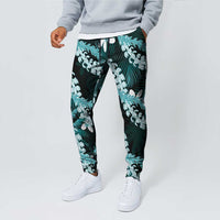 Puakenikeni Maile Lei Jogger Pants Frangipani Turquoise Tropical Leaves