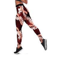Puakenikeni Maile Lei Leggings Frangipani Red Tropical Leaves