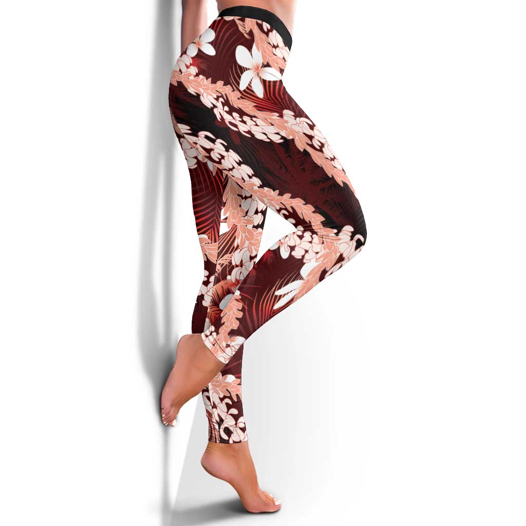 Puakenikeni Maile Lei Leggings Frangipani Red Tropical Leaves
