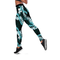 Puakenikeni Maile Lei Leggings Frangipani Turquoise Tropical Leaves