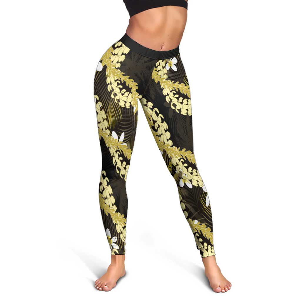Puakenikeni Maile Lei Leggings Frangipani Yellow Tropical Leaves