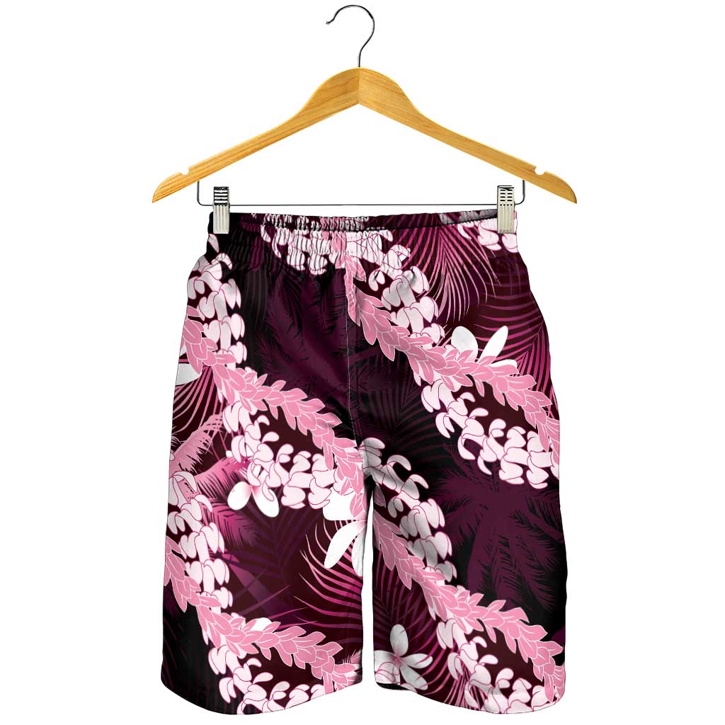 Puakenikeni Maile Lei Shorts for Men Frangipani Pink Tropical Leaves