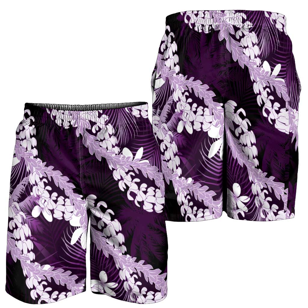 Puakenikeni Maile Lei Shorts for Men Frangipani Purple Tropical Leaves