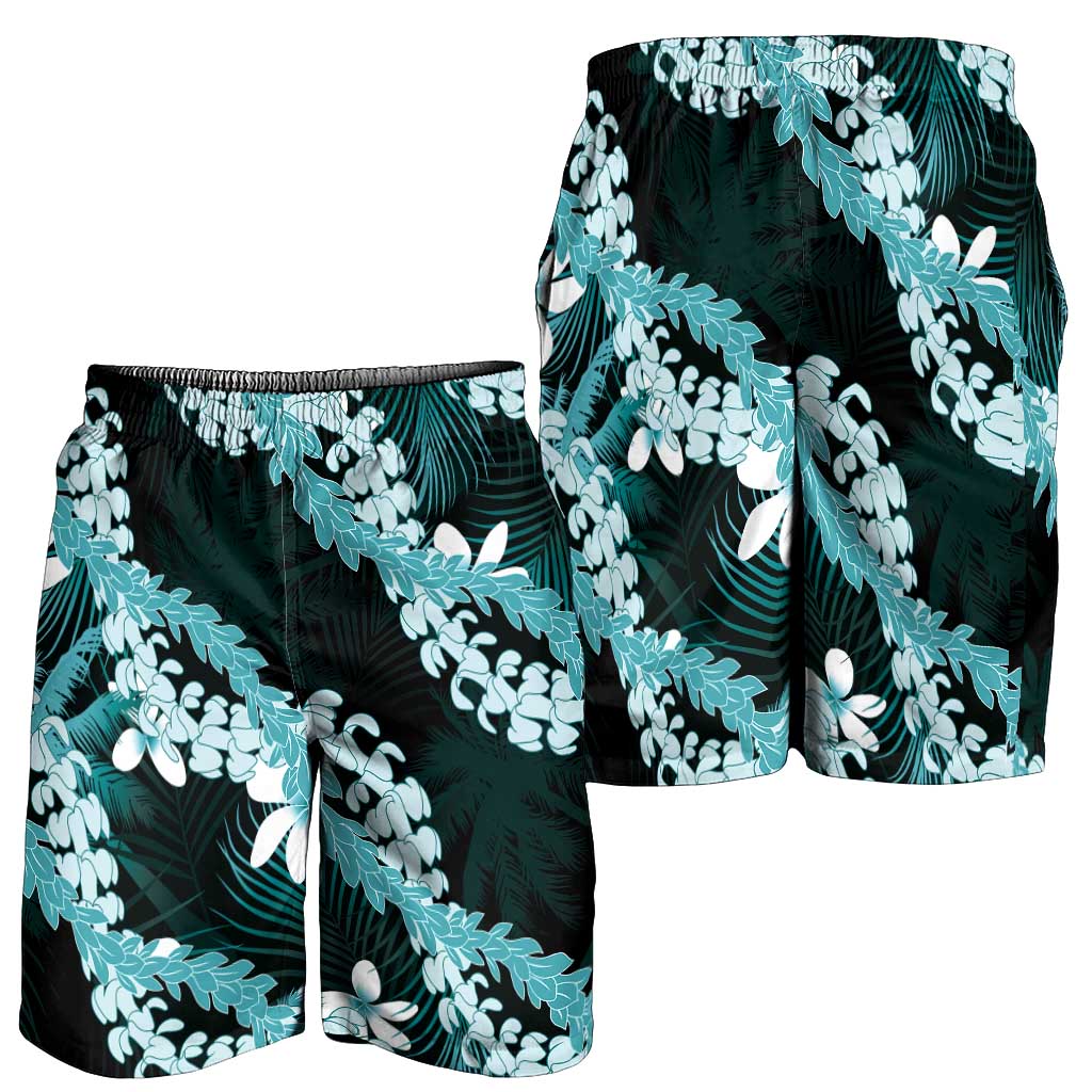 Puakenikeni Maile Lei Shorts for Men Frangipani Turquoise Tropical Leaves