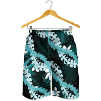 Puakenikeni Maile Lei Shorts for Men Frangipani Turquoise Tropical Leaves