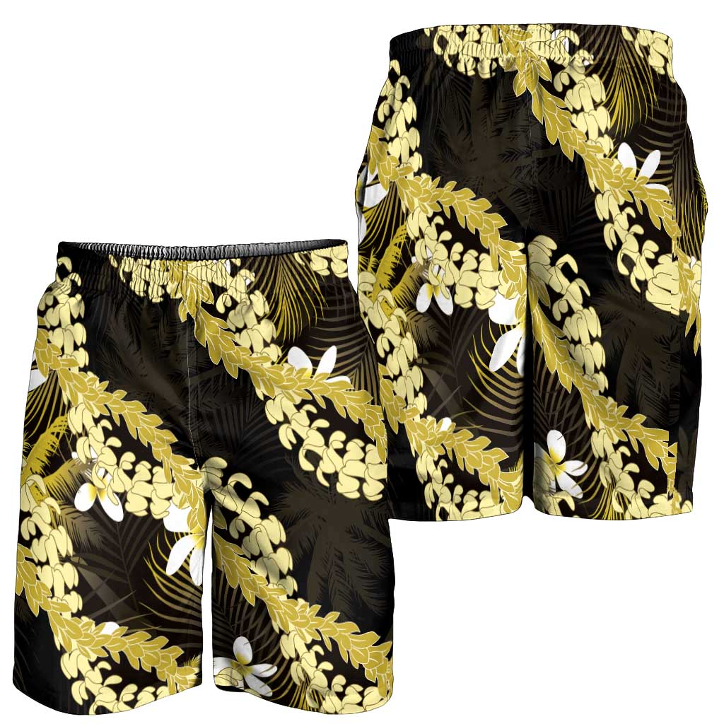 Puakenikeni Maile Lei Shorts for Men Frangipani Yellow Tropical Leaves