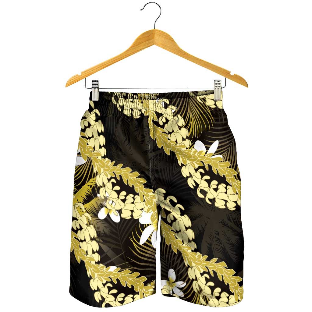 Puakenikeni Maile Lei Shorts for Men Frangipani Yellow Tropical Leaves