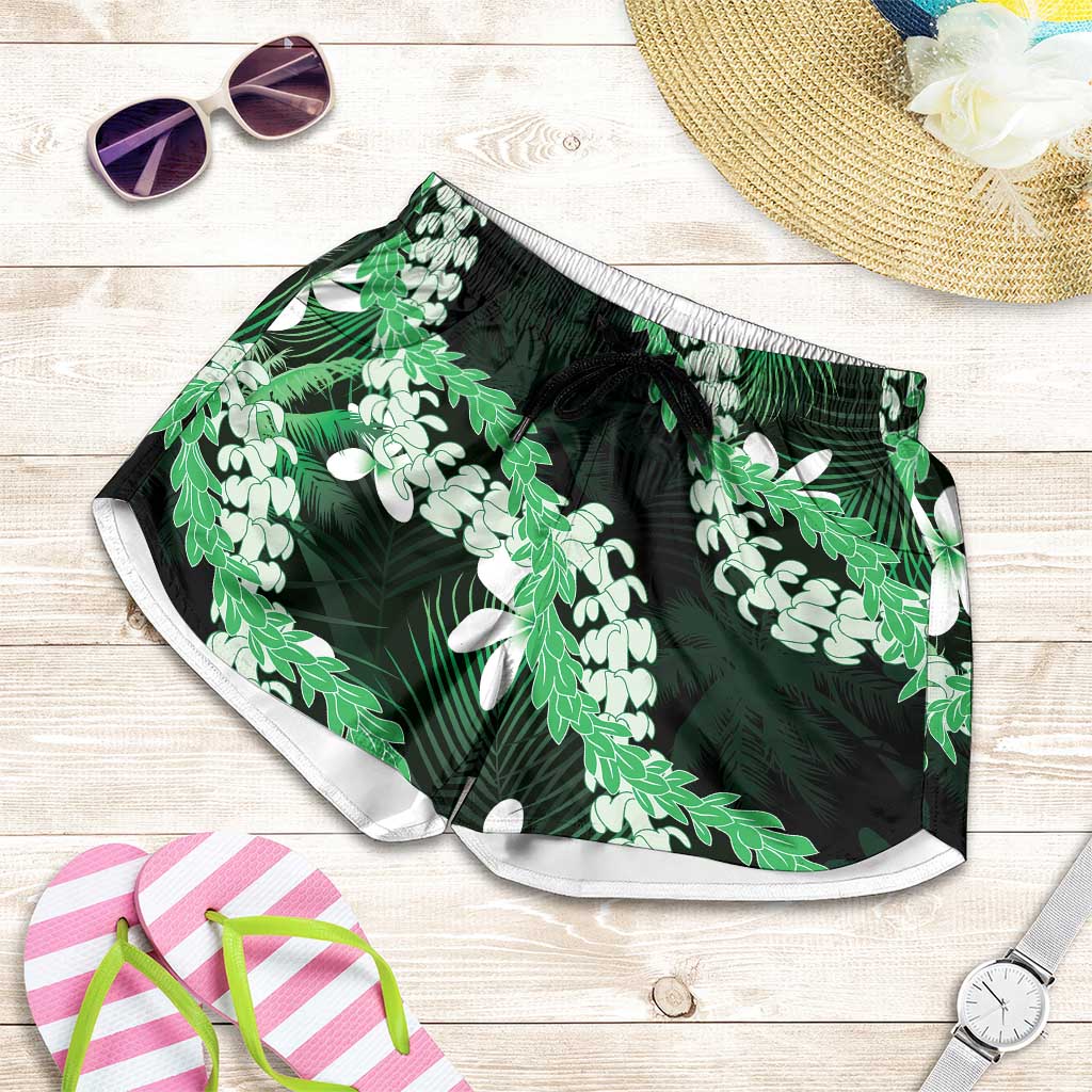 Puakenikeni Maile Lei Shorts for Women Frangipani Green Tropical Leaves
