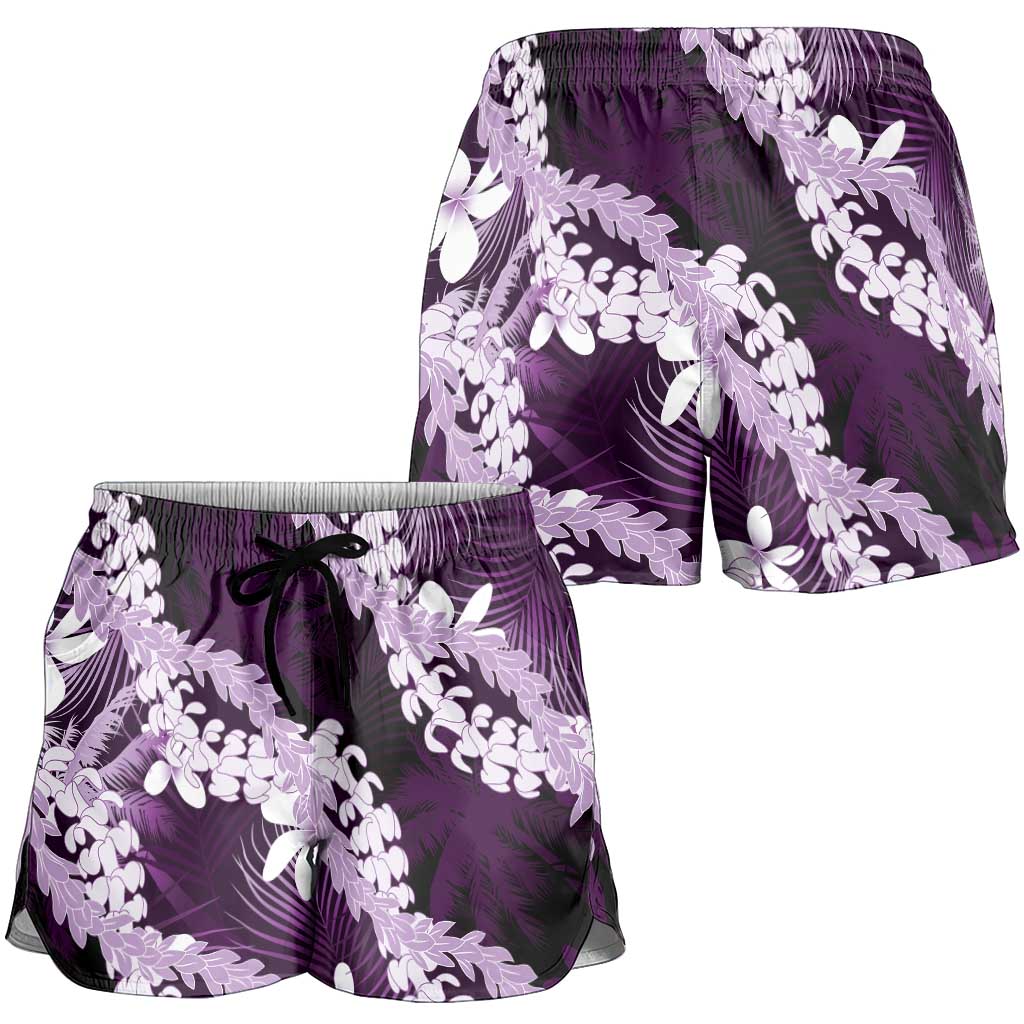 Puakenikeni Maile Lei Shorts for Women Frangipani Purple Tropical Leaves