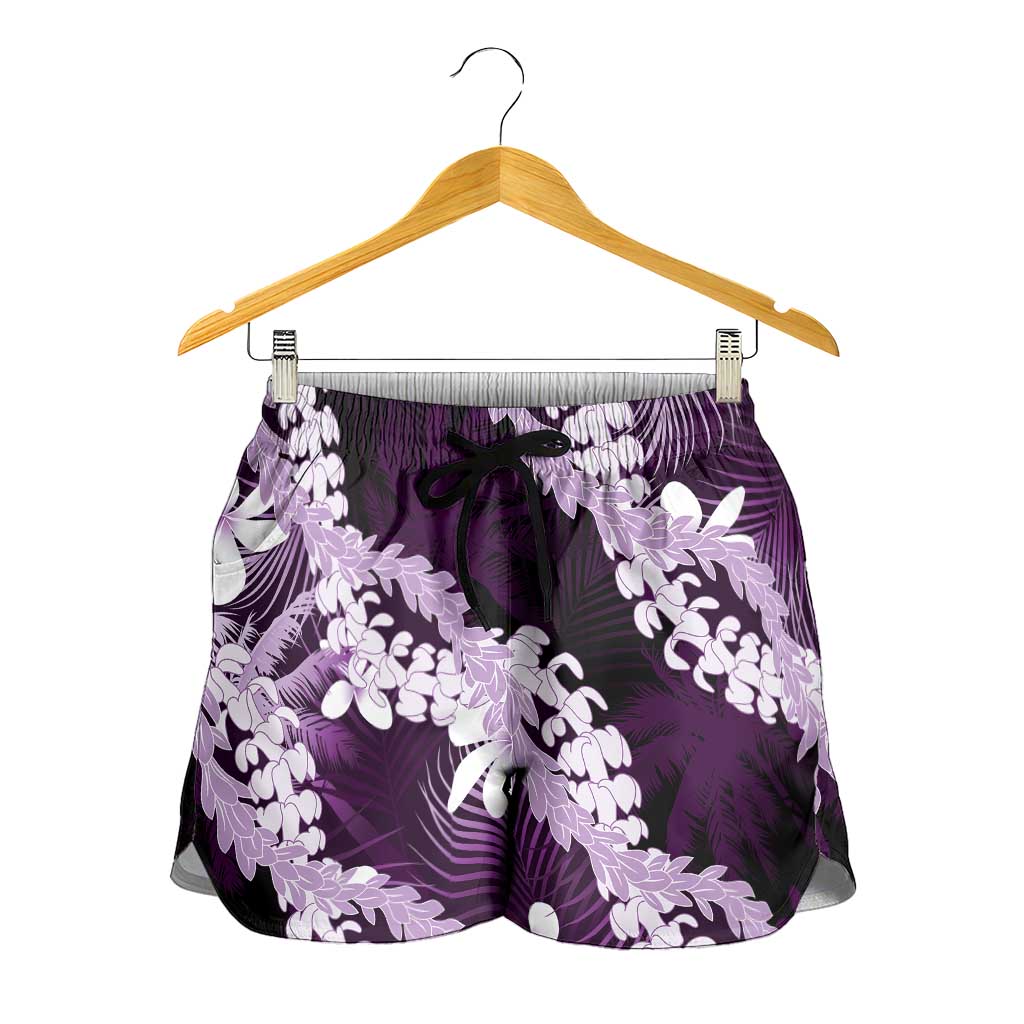 Puakenikeni Maile Lei Shorts for Women Frangipani Purple Tropical Leaves